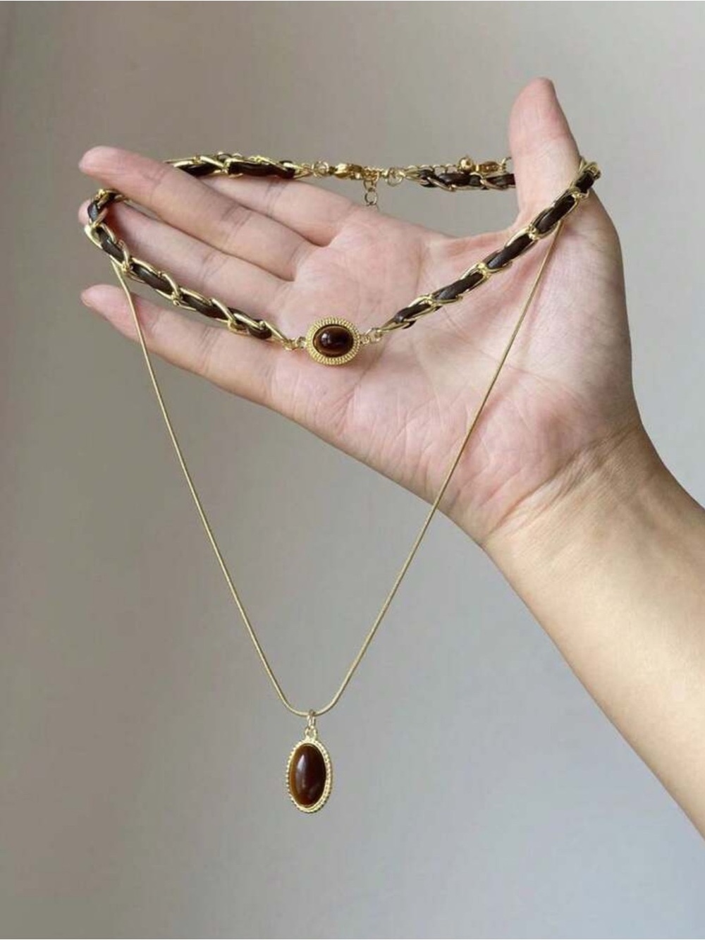 Vintage Tiger Eye Gold and Brown Stone Pendant Necklace Set